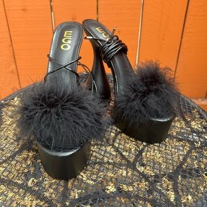 EGO IMOGEN FLUFFY FAUX FEATHER LACE UP PEEP TOE PLATFORM HEEL BLACK FAUX LEATHER